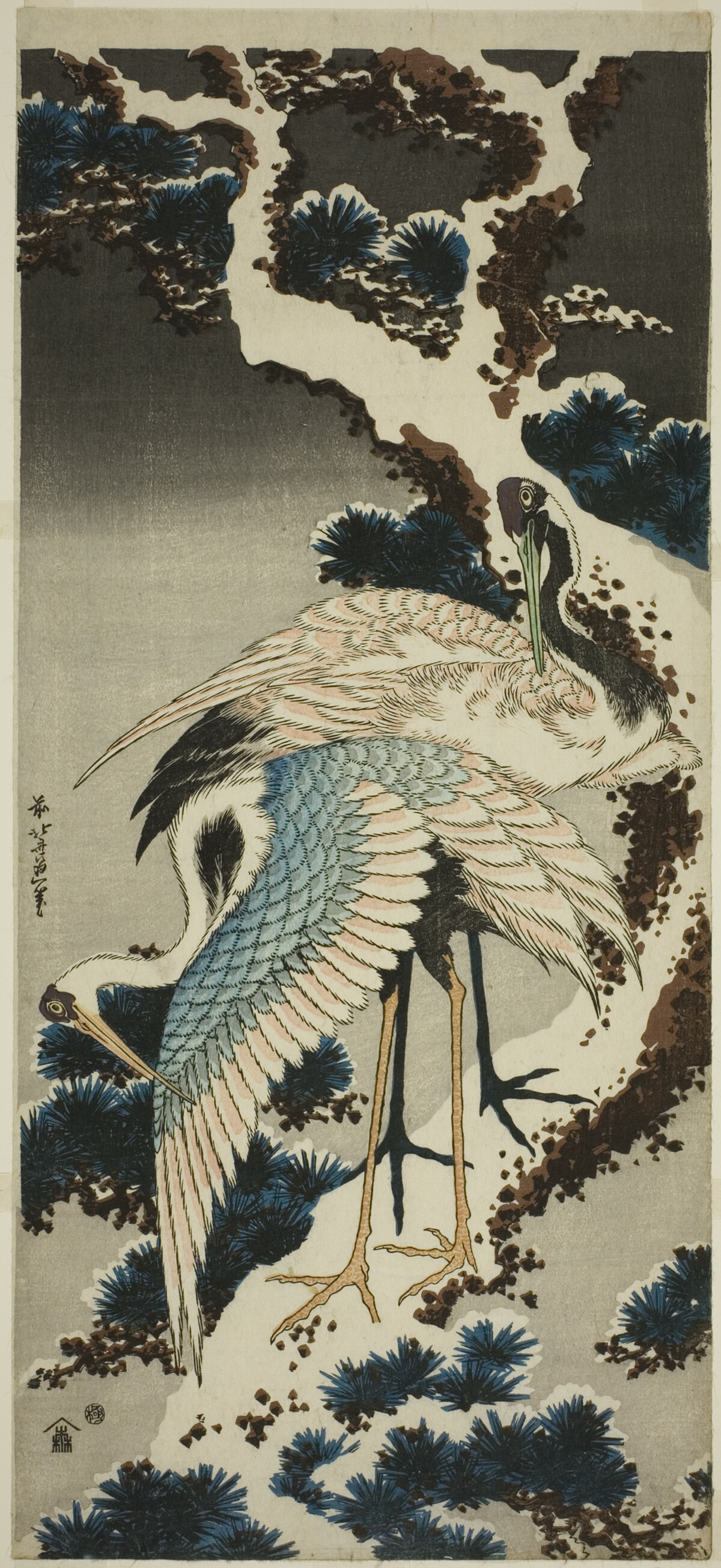 Cranes on Snow-Covered Pine